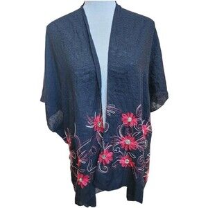 Kimono Embroidered Open Front Cardigan Black 32" Length